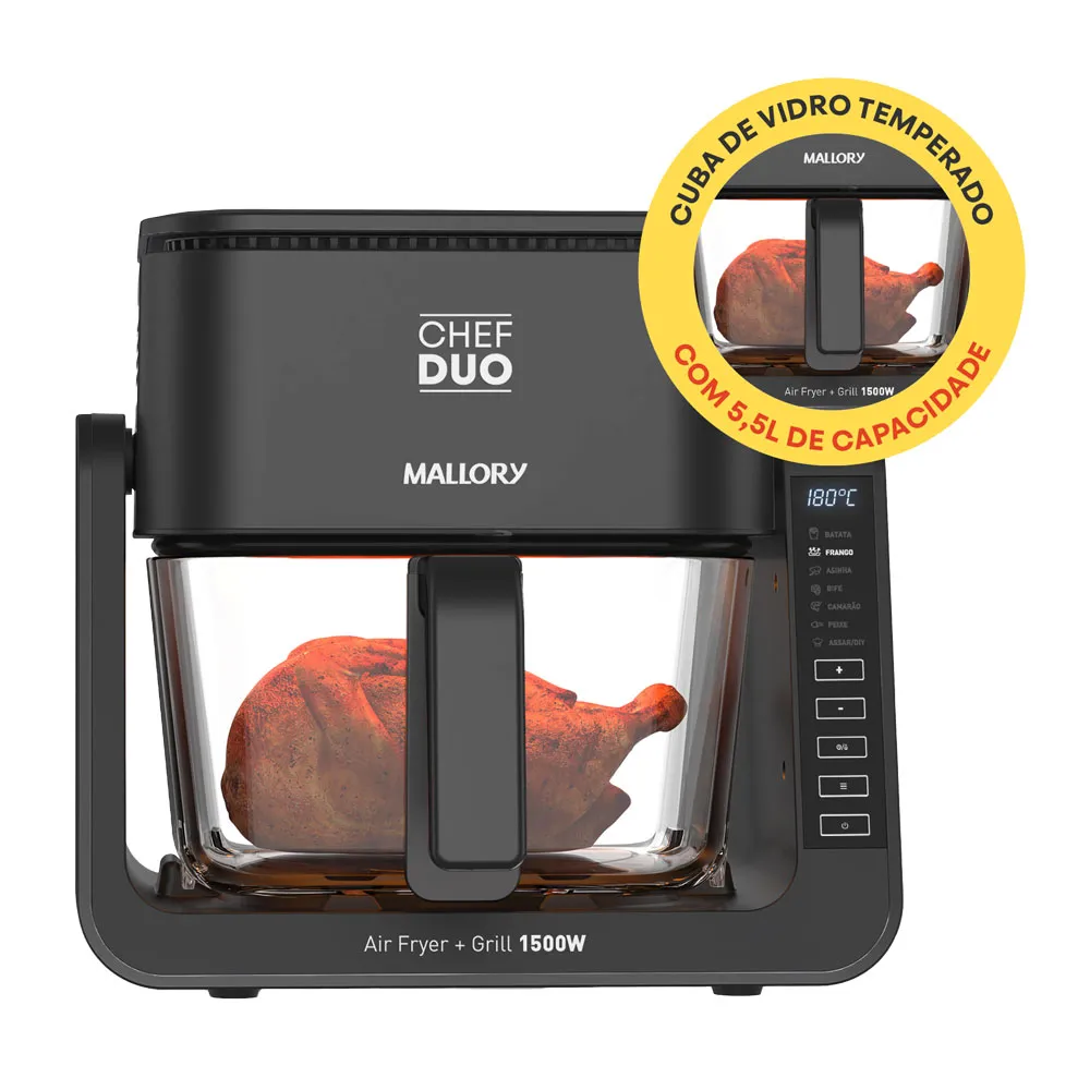 Fritadeira Elétrica Chef Duo 2 em 1 (Air Fryer e Grill) - 1500W, Cuba de Vidro Temperado com 4L , Cesto para Grill em Aço Inox com 1,5L